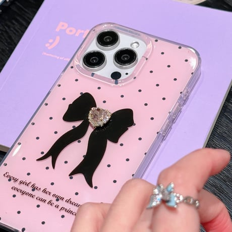 CUTECASEピンク iPhone15/15proケース ハートダイヤデコリボン柄 iPhone14/13pro/12ケース 水玉模様 可愛いCM4069