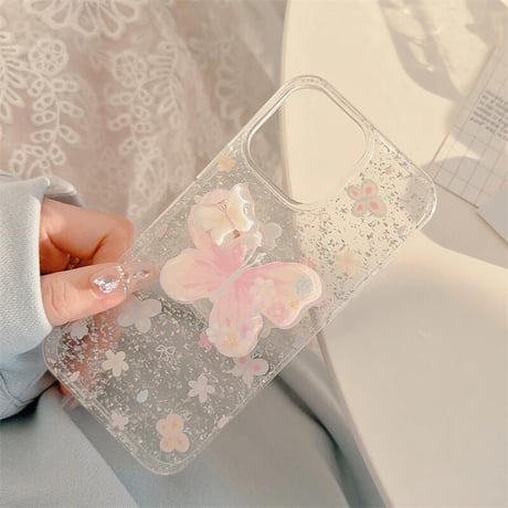 CUTECASE 蝶グリップ iPhone16pro/16ケース グリッター入り iPhone15promax/14pro/13/12カバー スタンド付 人気アイテムCM5270