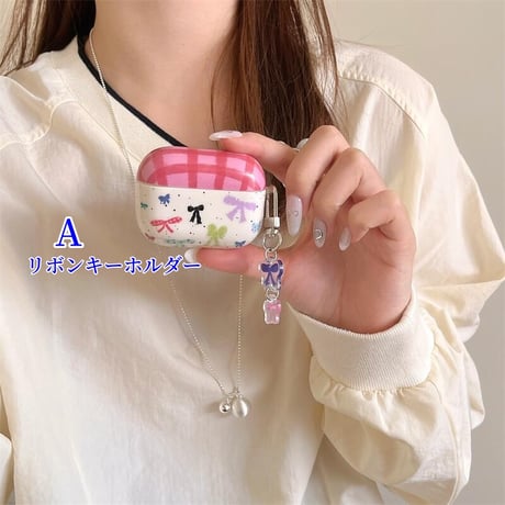 CUTECASEリボン Airpods 4ケース チェック柄 Airpods3/Pro2ケース airpodsproカバー リボンキーホルダー/リング付 CM5101