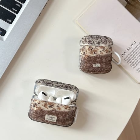 CUTECASE 韓国っぽ 草花柄 AirPodsPro3ケース 上品 うねうねライン Airpods4/3ケース AirpodsPro2/Pro1カバー リング付 可愛いCM5958