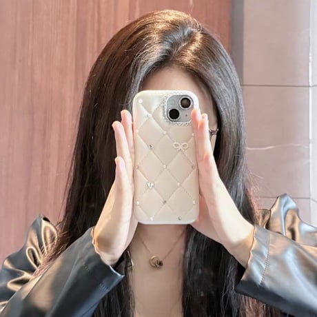 CUTECASEダイヤ/リボンデコ iPhone17ProMax/17Proケース キルティングレザー iPhone17/16Pro/15ケース セレブ愛用 高透明CM5737