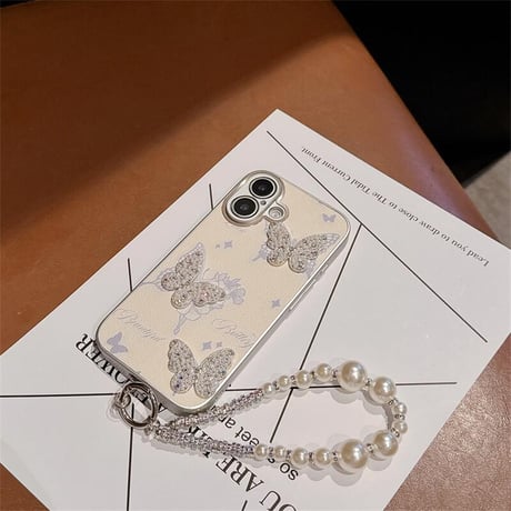 CUTECASE蝶々デコ iPhone16e/16proケース 高級感パールストラップ付 iPhone15promax/14/13カバー かわいい エレガントCM5316