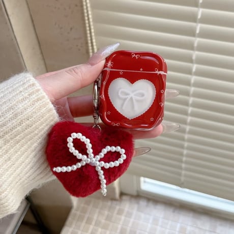 CUTECASE ハート形とリボン柄 AirPods Pro 3ケース ワインレッド 毛玉キーホルダー Airpods 4/3ケース AirpodsPro2カバー パール 女子力アップCM5997
