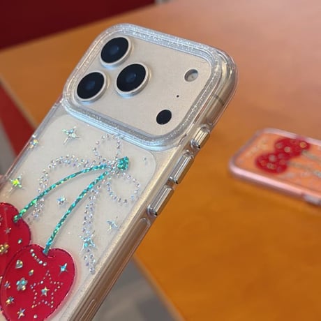 CUTECASE ダイヤデコサクランボ iPhone17pro/17ケース キラキラ感 iPhone16/15proケース 可愛いストラップ 女子力高いCM6040