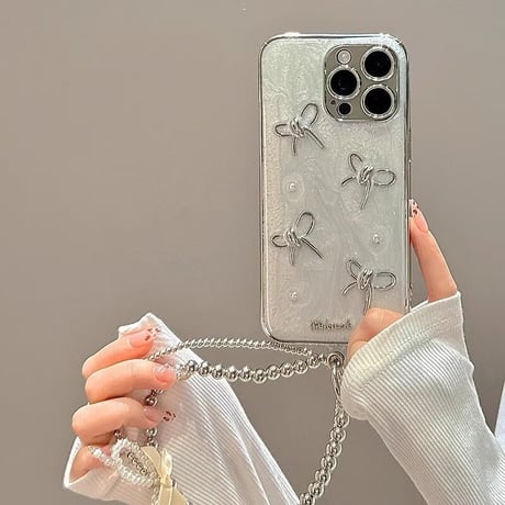 CUTECASE女子力アップ iPhone15Pro/15promaxカバー リボンデコアイフォン14プロ/13/12ケース きれいストラップ 2色 CM4367