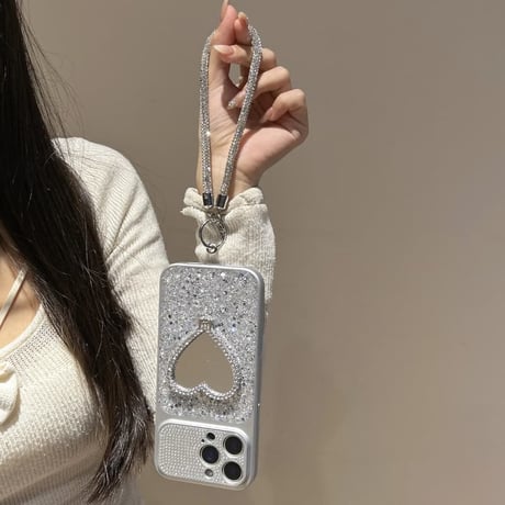 CUTECASE オシャレ便利 iPhone17pro/17ケース ハート型スタンド キラキラ感 iPhone16promax/15proケース ジュエリーストラップ ダイヤカメラカバーCM6243
