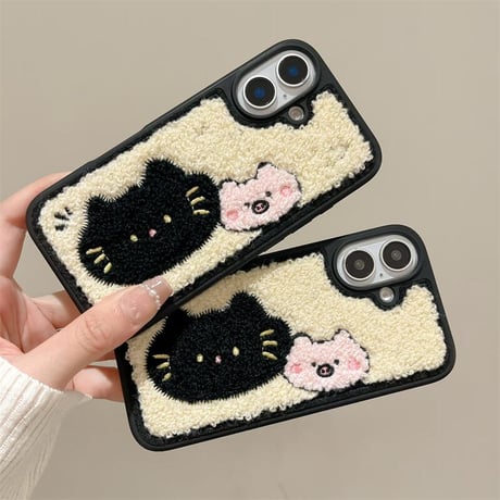 CUTECASE毛織物 iPhone16Pro/16ケース 刺繡 猫 iPhone15Pro/14Promax/13カバー 耐衝撃 頑丈 ギフトに最適 CM4811