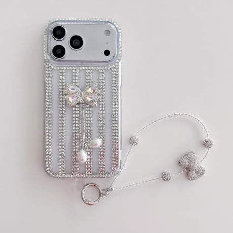 CUTECASE ジュエリー iPhone17Promaxケースフリンジダイヤリボン iPhone16Pro/15/14ース 豪華 リボンストラップ付CM6521