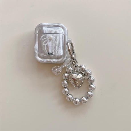 CUTECASE大人可愛い Airpods4ケース パールリボン ハートキーチェーン Airpods3/Pro2ケース airpodspro2カバー 女子力高い 華やか 上品CM5179