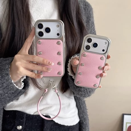 CUTECASE 金属ツバキ花 iPhone17/17proケース 高級感 レザー iPhone17promax/16/15Proカバー ストラップ 秋冬ファッションCM5802