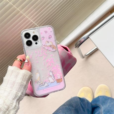 CUTECASE お花見猫 iPhone15/15proケース 動くグリッター入り iPhone14/13pro/12クリアケース ピンク 綺麗CM4412