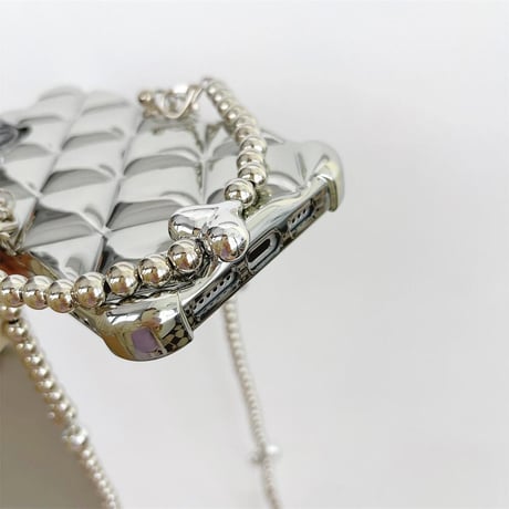 CUTECASEショルダー付 iPhone15pro/15plusケース 菱形 シルバー iPhone14promax/13mini/12proカバー 艶感 CM4489