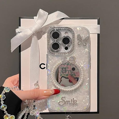 CUTECASEおしゃれ アイフォン16/16proケース ジュエリーリボンミラー 蝶 iPhone15pro/14/13proカバー シェル風 キラキラハートストラップ CM5455