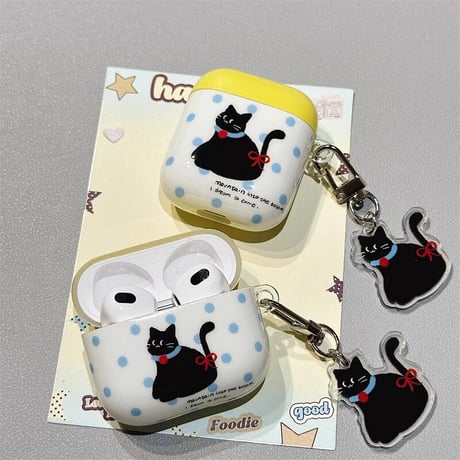 CUTECASE黒猫 Airpods 4ケース 水玉模様 Airpods3/Pro2ケース airpodspro2カバー 猫キーチェーン付 大人可愛い CM5208