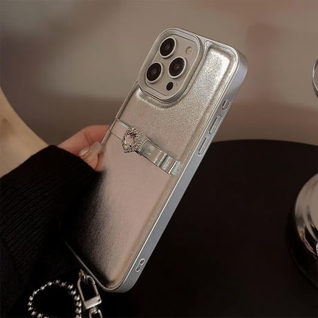 CUTECASEハートダイヤ iPhone15/15proケース 高級感 リボンストラップ iPhone14pro/13/12proケース シルバー 高級感CM4051