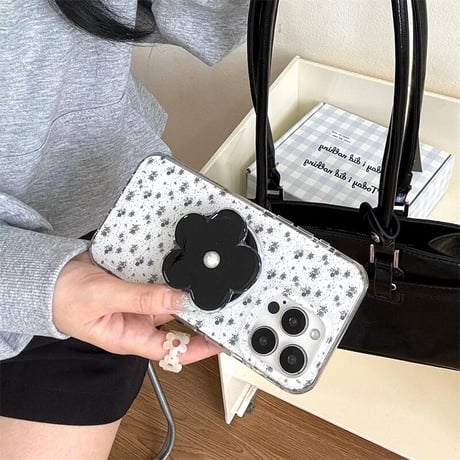 CUTECASE 黒花グリップ iPhone16pro/17ケース MagSafe充電 iPhone15/14promaxカバー パール オシャレ 大人可愛い CM5653