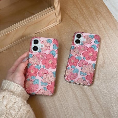 CUTECASEラメ花柄 iphone16/16proケース おしゃれ ピンク iphone15pro/14/13proケース 可愛い 女子力高い CM5023