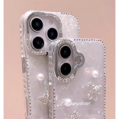 CUTECASEシェル柄 iPhone16pro/16カバー ジュエリー蝶/パールデコ iPhone15pro/14promax/13ケース 上品 大人可愛い エレガント CM5351