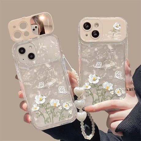 CUTECASE鏡カメラカバー付 iPhone15Pro/16ケース 花柄 ストラップ付き アイフォン14プロ/13miniカバー オシャレ お買い物 CM4608