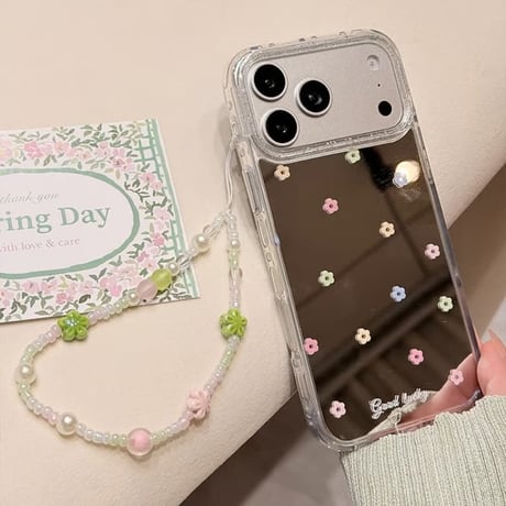 CUTECASE 花柄ミラー iPhone17pro/17ケース 花ストラップ iPhone16/15pro/17promaxケース 日常/旅行に合う 女子力高い かわいいCM6235
