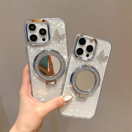 CUTECASE鏡リングスタンド iPhone17/17proケース ジュエリー蝶シェル風 iPhone16pro/15/14proカバー オシャレストラップ 多機能 CM5603
