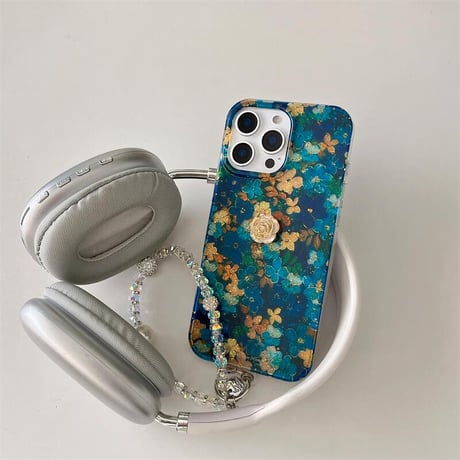 CUTECASE花柄 iphone16/16proケース ブルー iphone15pro/14/13proケース ジュエリーストラップ付 女子力高い CM5053