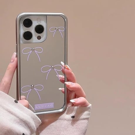 CUTECASE鏡付 リボン iPhone15/15proケース 女子力UP ラベンダー iPhone14/13pro/12ケース かわいい 韓国風 高級感CM4269