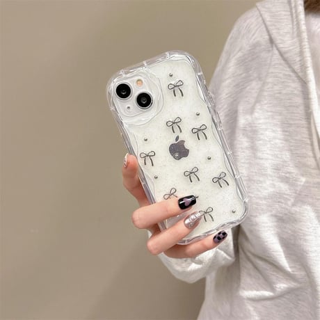 CUTECASE立体リボン iPhone15/15proケース うねうね ラメ入り iPhone14/13pro/12proケース キラキラクリアケースCM4436