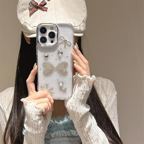 CUTECASEダイヤリボン iPhone16pro/16ケース 透明 キラキラ iPhone15plus/14/13pro/12カバー 大人可愛い ハンドメイドCM5459