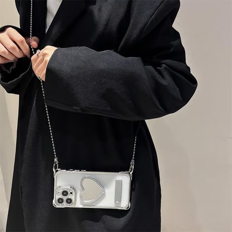 CUTECASEジュエリーハートミラー アイフォン16pro/15ケース スタンド付 ショルダーストラップ付 iPhone14/13pro/12カバー 大人可愛い 多機能CM5240