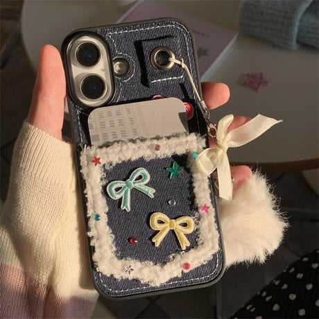 CUTECASEカート収納 iPhone16/16Proケース 刺繡リボン 毛玉ストラップ付 iPhone15Promax/14/13カバー デニム 耐衝撃 女子力高いCM4891