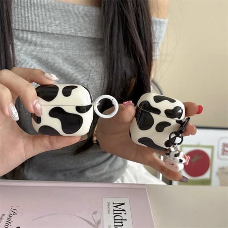 CUTECASE 牛柄 Airpods4ケース アニマル柄 Airpods3/Pro2ケース airpodspro2カバー リング/牛キーホルダー ギフトにおすすめCM5661