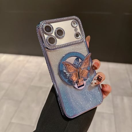 CUTECASE 鏡付蝶スタンド iPhone17Pro/17ケース メタリックカラー iPhone16/15ProMax/14ケース ラグジュアリー感 キラキラライン 大人気 レンズ保護CM6240