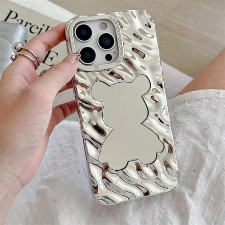 CUTECASE クマちゃんミラー iPhone17/16proケース ジュエリーデコ 波紋 iPhone15pro/14/13カバー メイク直し 可愛いCM5591