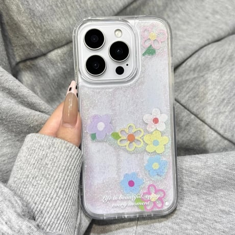 CUTECASE 動く花 iPhone16/16proケース 液体ラメ入り iPhone15/14pro/13promaxカバー 丈夫 ストレス発散 ギフトにおすすめ CM5416