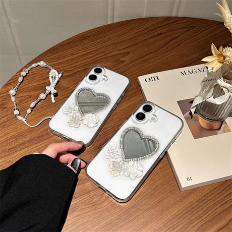CUTECASE ハート型ミラー iPhone16/16proケース 花デコ iPhone15promax/14/13カバー パールストラップ 人気 CM5350