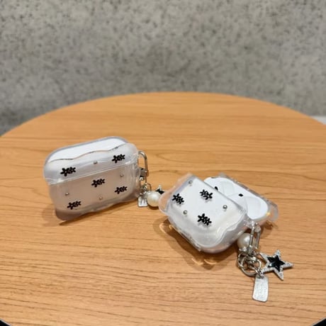 CUTECASE黒花 Airpods Pro3ケース パールキーホルダー Airpods 4/3カバーケース AirpodsPro2/1 韓国風 オシャレ CM6265