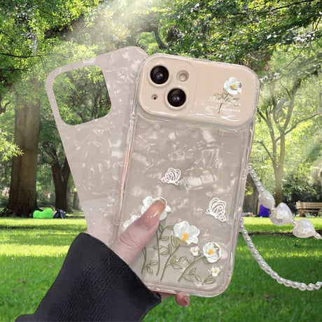 CUTECASE鏡カメラカバー付 iPhone15Pro/16ケース 花柄 ストラップ付き アイフォン14プロ/13miniカバー オシャレ お買い物 CM4608