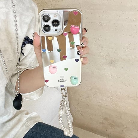 CUTECASEハート柄 iPhone16pro/16ケース ジュエリーストラップ メイク鏡 iPhone15pro/14/13ケース 大人可愛い 多機能 CM5140