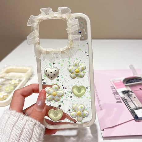 CUTECASE レースiPhone17Promaxケース 花/ハートデコ キラキラ感 iPhone16Pro/15/14ProMaxカバー 可愛い 女子ファッション CM6200