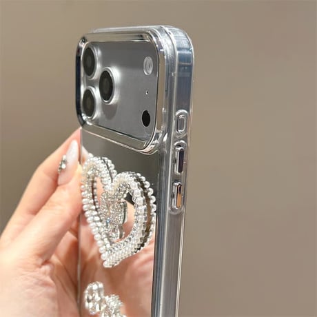 CUTECASE パールハート ミラー iPhone17Pro/17ケース ジュエリーデコ iPhone16Pro/15Pro/14カバー 綺麗 ストラップ オシャレ CM6027