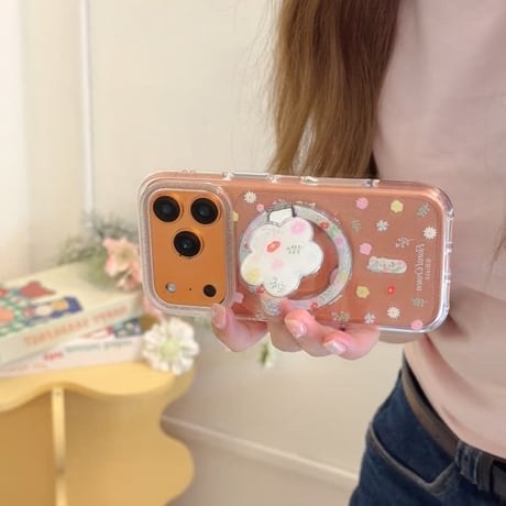 CUTECASE 花リングスタンド iPhone17Pro/17ケース MagSafe対応 iPhone16Pro/15/14ケース かわいい キラキラ感 春夏コーデCM6259