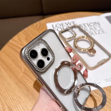 CUTECASEキラキラリングスタンド iPhone17Pro/16カバー ジュエリーデコ iPhone15promax/14proカバー メタルカラー 黄ばまないCM5571