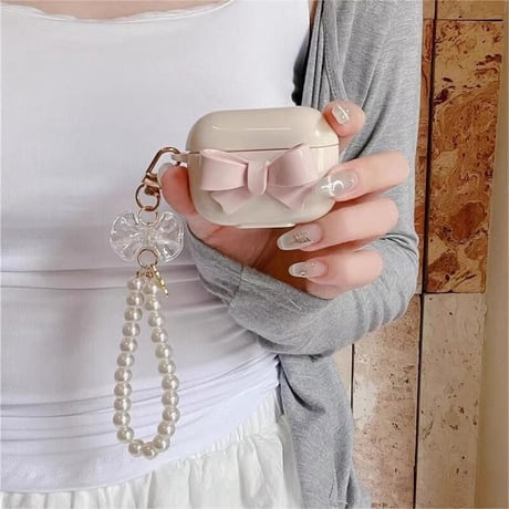 CUTECASE淡色系 Airpods 4ケース リボン ベージュ色 Airpods3/2カバー Airpodspro2/pro パールストラップ付 めっちゃ可愛いCM5033