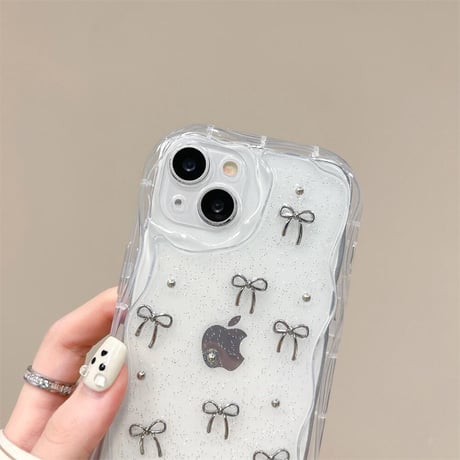 CUTECASE立体リボン iPhone15/15proケース うねうね ラメ入り iPhone14/13pro/12proケース キラキラクリアケースCM4436