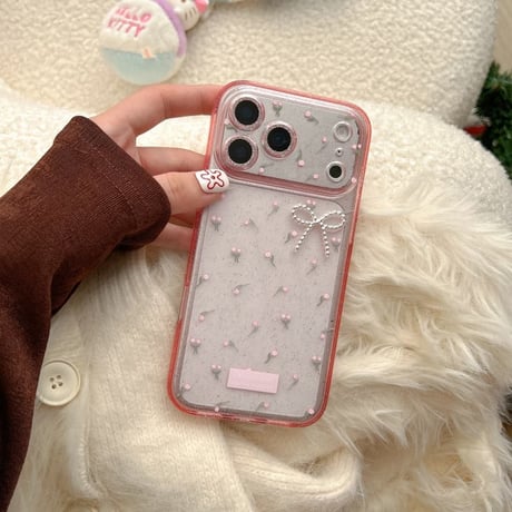 CUTECASE キラキラピンク iPhone17/17proケース 花柄 リボンデコ iPhone17promax/16/15Proカバー 綺麗ストラップ 女子ファッションCM5959