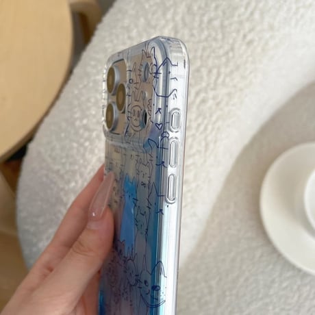 CUTECASE 猫イラスト iPhone17Pro/17promaxケース グラデーションブルーカラー iPhone17/16Pro/15ケース かわいい 光沢感 丈夫CM6199