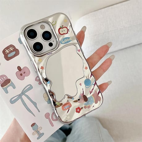 CUTECASE 犬ちゃんミラー iPhone16pro/16ケース シルバー iPhone15pro/14/13promaxカバー 大人可愛い メイク直し鏡CM5522