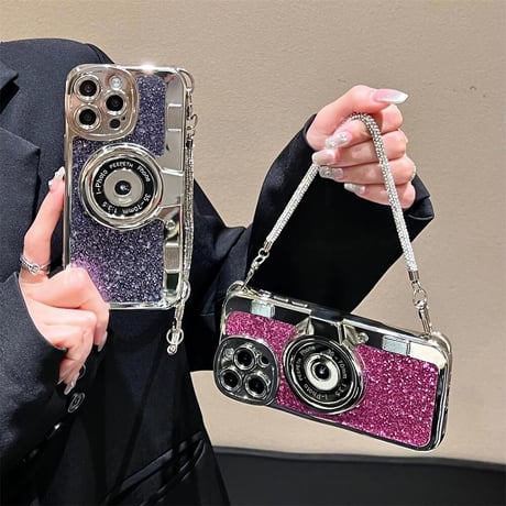CUTECASE カメラデザイン iPhone15pro/15ケース ジュエリーチェーン iPhone14promax/13/12カバー グリッター入りCM4480