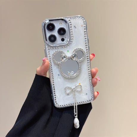 CUTECASEダイヤリボン鏡 アイフォン16/16プロケース ジュエリーデコ iPhone15pro/14/13proカバー 大人可愛い パールストラップ 高級感CM5482